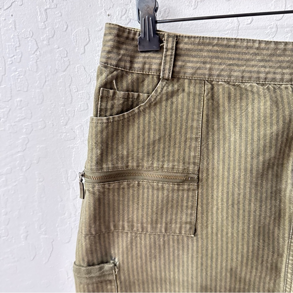 Vintage Clio Striped Green Cargo Buckle Pockets Back Slit Skirt Size 14 - Picture 2 of 6